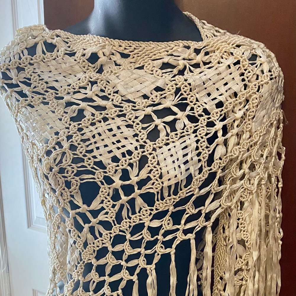 Cream Crochet Shawl With Fringe
